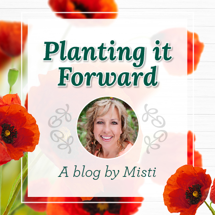Misti Warner Andersen headshoot with planting it forward graphic surrounded by poppies