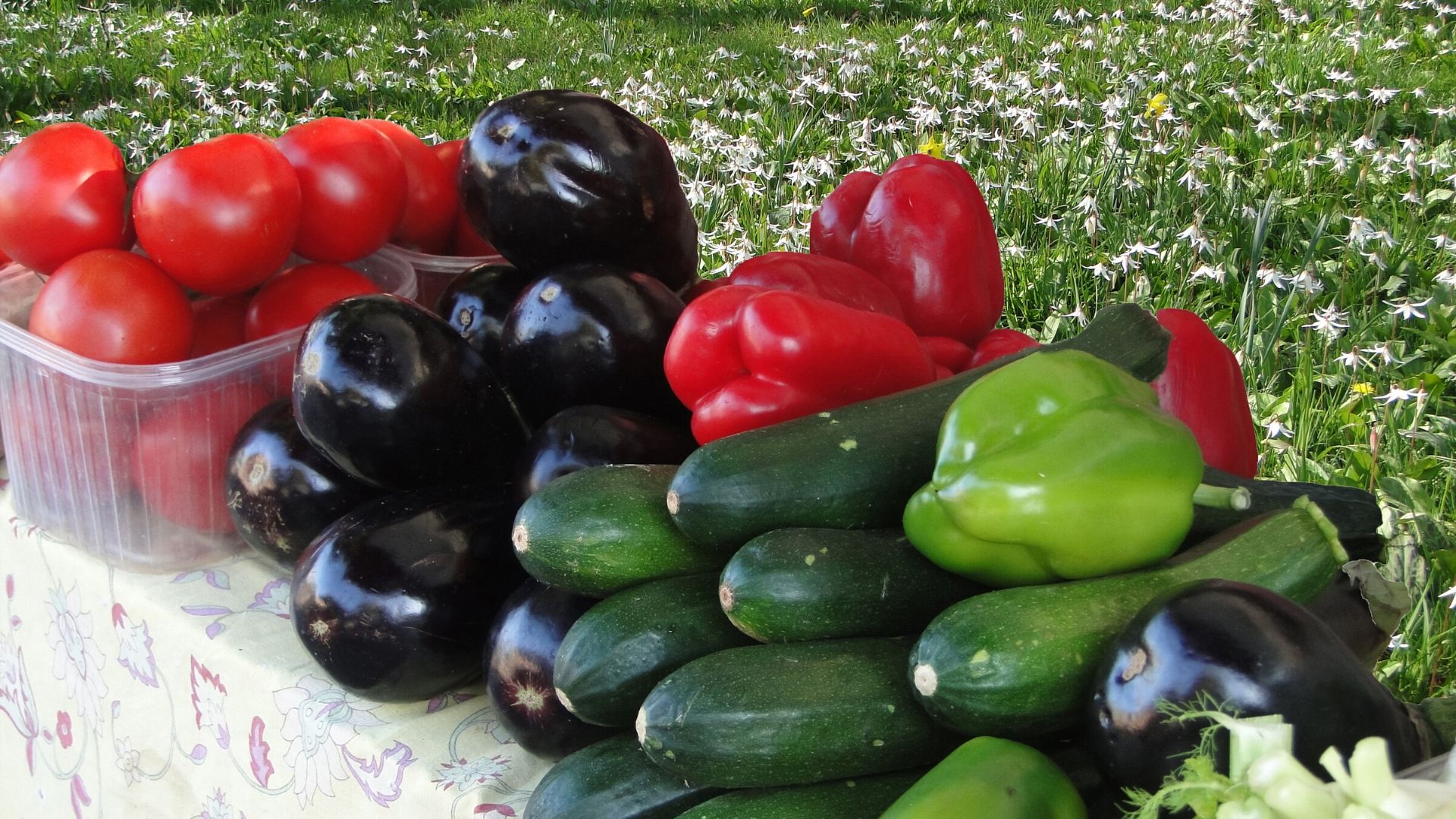 Pile of peppers, cucumbers, eggplants and peppers