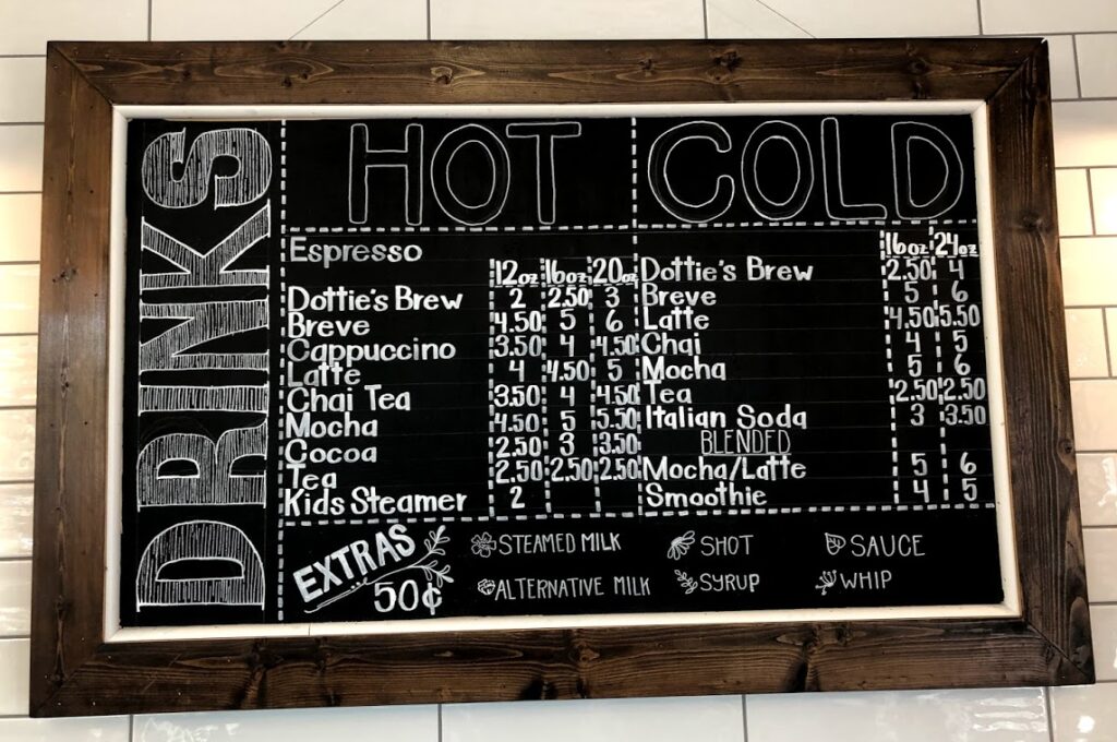 Coffee board of hot and cold drinks served at Dottie's Garden Coffee Shoppe.