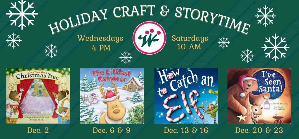 banner with all the books that will be read during Holiday Storytime in 2023.